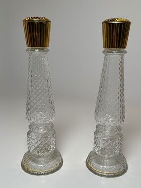 Vintage Avon Crystallite Decanter Candlestick Holder Set of 2 1970s Glass Gold